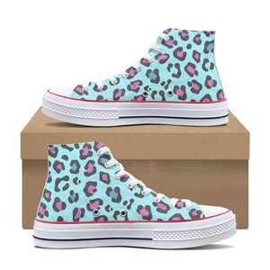 Blue Leopard Print High Top Sneakers – Colorful Canvas Lace-Up Shoes – Y2K Pastel Animal Print – Trendy Women’s Statement Footwear