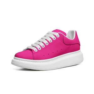 Hot Pink Lace-Up Platform Sneakers - Bold Chunky Sole Shoes - Vibrant Monochrome Style - Hot Pink Chunky Footwear - Modern Shoe in Pink