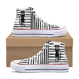 Black Cat Stripe High Tops | Quirky Canvas Sneakers | Gothic Cute Lace Up Shoes | Funny Cat Lover Gift | Alt Fashion Footwear
