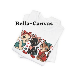 Cherry Cat Graphic Tee - Bella + Canvas 3001 Shirt - Vintage Pin-Up Cat T-Shirt - Retro Rockabilly Kitty - Soft Unisex Cat Lover Gift