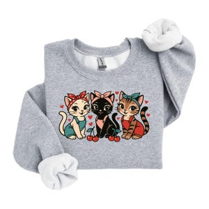Cherry Cat Crewneck Sweatshirt - Gildan 18000 - Retro Pin-Up Kitty Pullover - Rockabilly Cat Graphic - Vintage Style Cat Lover Gift
