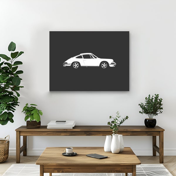 Porsche 911 - Impression haute définition sur toile mate - Silhouette noir et blanc - décoration murale pour salon, garage, et man cave