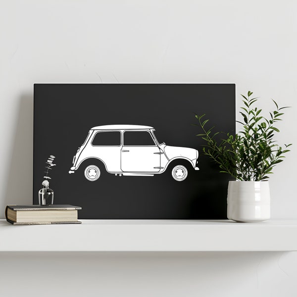 Mini Cooper - Impressie haute définition sur toile mate - Silhouette noir et blanc - decoratie muurschildering voor salon, garage, en mancave