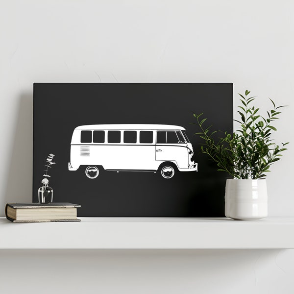 VW Transporter - Impression haute définition sur toile mate - noir et blanc - décoration murale pour salon, garage, et man cave