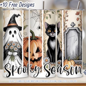 Envoltura de vaso de Halloween PNG: Diseño espeluznante de fantasma, gato y calabaza (descarga digital)