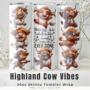 Highland Cow Tumbler Wrap PNG, Cute Farm Animal Design, 20oz Skinny Sublimation
