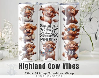 Highland Cow Tumbler Wrap PNG, Cute Farm Animal Design, 20oz Skinny Sublimation