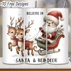 Ich glaube an Santa & Reindeer 20 Unzen Skinny Tumbler Wrap | Niedliche Weihnachtssublimation PNG | Urlaub Tumbler Digitaler Download