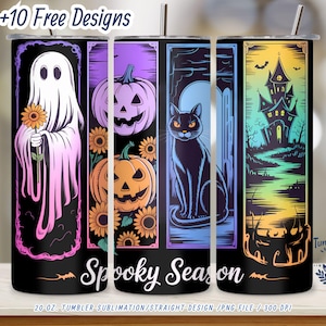 Envoltorio para vaso de temporada espeluznante PNG – Sublimación delgada de Halloween de 20 oz con fantasma, gato, calabazas y casa embrujada – Descarga digital