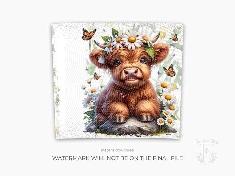 May include: A digital illustration of a Highland cow calf with brown fur, wearing a daisy flower crown, and surrounded by daisies and butterflies. The text at the bottom reads "WATERMARK WILL NOT BE ON THE FINAL FILE".
