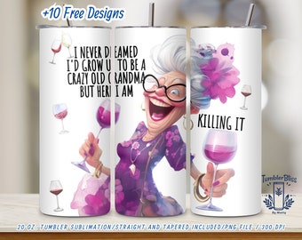 Bicchiere da nonna pazza e vecchia in formato PNG: design divertente per gli amanti del vino (download digitale)
