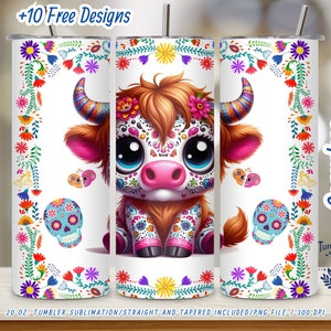 Le jour des morts Sugar Skull Highland Vache 20 oz Skinny Tumbler Wrap PNG, téléchargement numérique, Design en sublimation de gobelet Dia de los Muertos