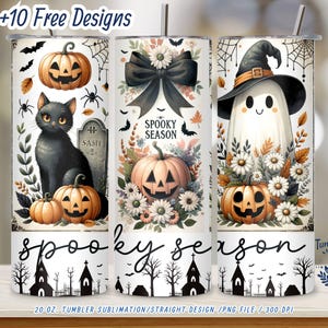 Envoltorio para vaso de temporada espeluznante PNG – Sublimación delgada de Halloween de 20 oz – Fantasma, gato, calabazas y margaritas – Descarga digital