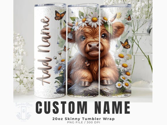 Personalized Highland Cow Tumbler Wrap: Floral Crown, Custom Name (PNG Digital Download)