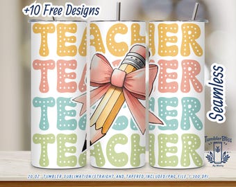 Retro Pencil Teacher Tumbler Wrap: Pink Bow Design (Digital Download)