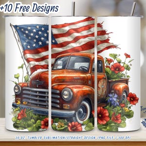 Patriotic Tumbler Wrap: Vintage Red Truck, American Flag (PNG Digital File)