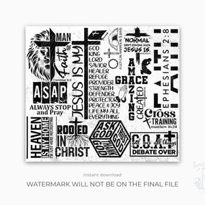 May include: Black and white graphic design featuring religious text and imagery. Includes a lion's head, a cross, and phrases like "Jesus is my Faith" and "Ask God". The design is on a white background.