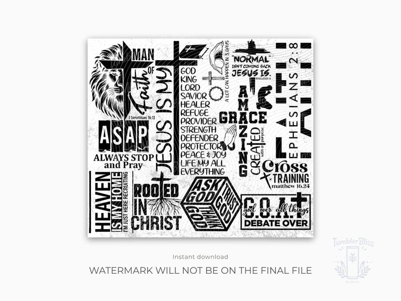 May include: Black and white graphic design featuring religious text and imagery. Includes a lion's head, a cross, and phrases like "Jesus is my Faith" and "Ask God". The design is on a white background.
