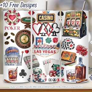 Las Vegas Casino Tumbler Wrap PNG - 20 oz Skinny Sublimation Design with Poker, Dice, Slots & Chips - Digital Download Only