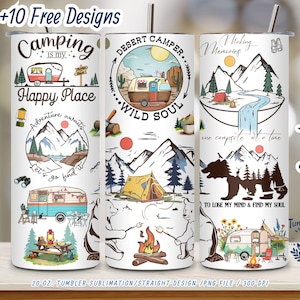 Camping Tumbler Wrap PNG: Mountains, Bears, Campers (Digital Download)
