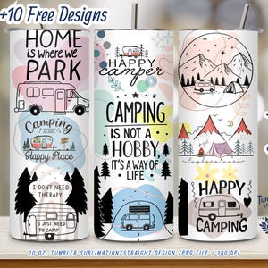 Camping Tumbler Wrap PNG: Mountain Scenes, Happy Camper Quotes (Digital Download)