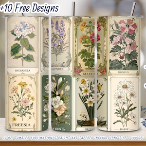 Vintage Botanical Tarot Tumbler Wrap 20oz PNG | Envoltório de sublimação de cartas de tarô floral | Estética de jardim Flores silvestres | Download digital