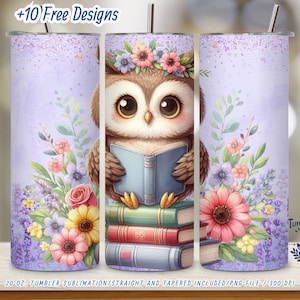Floral Owl Book Lover Tumbler Wrap | 20 oz Skinny Tumbler PNG File | Digital Download for Book Enthusiasts, Library Gifts