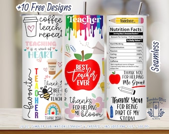 Best Teacher Ever Tumbler Wrap PNG - 20 oz Skinny Sublimation File - Thank You Teacher Quotes Digital Download for Appreciation Gifts
