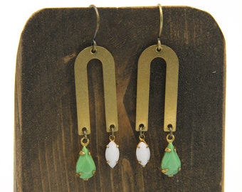 Vintage Green, White Rhinestone & Brass Drop Earrings