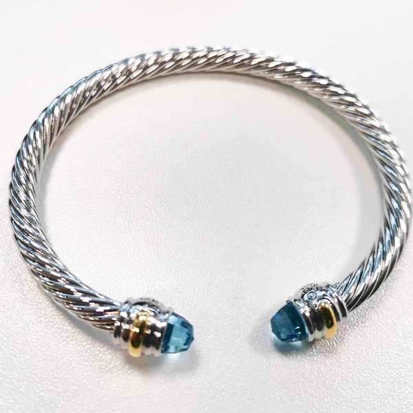 14k Gold & Blue Topaz Cable Cuff 925 Sterling Silver D Y Bracelet, 7mm, Medium Size,For men and women