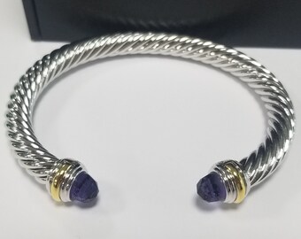14k Gold & Amethyst Cable Cuff 925 Sterling Silver D Y Bracelet, 7mm, Medium Size,For men and women