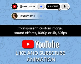 YouTube Like and Subscribe animation overlay lower third social media | Transparent, sound included, custom image, 1080p or 4k, 60fps.