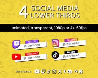 4 Custom Animated Lower Thirds for Social Media: Twitch, YouTube, X, Instagram, Kick, TikTok, Telegram | Seamless Back to Back transition!