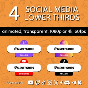 4 Custom Animated Lower Thirds Rounded for Social Media: Twitch, YouTube, X, Instagram, Kick, TikTok, Telegram | 1080p or 4K Transparent