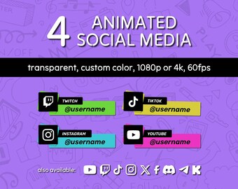 4 Custom Animated Lower Thirds for Social Media: YouTube, Twitch, Instagram, TikTok... | Custom Color/Transparent 1080p/4k 60fps.