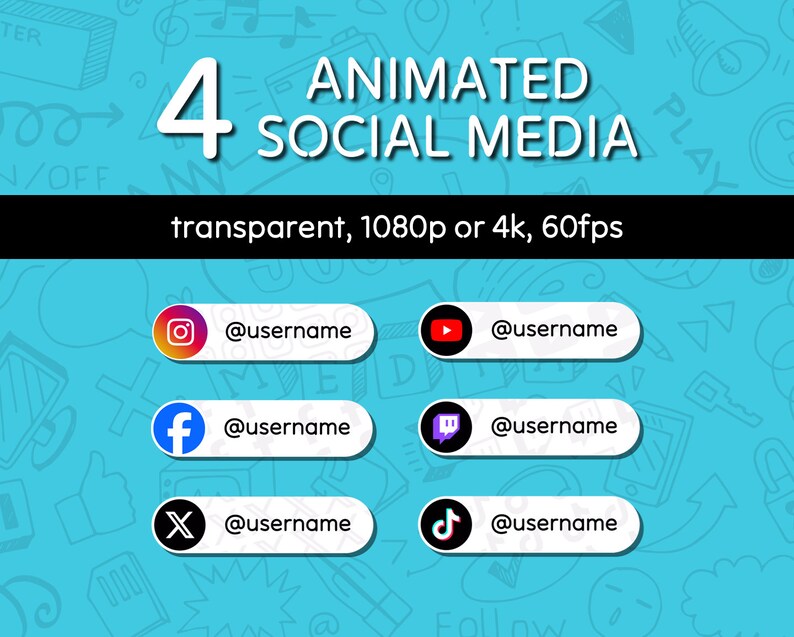 4 Custom Animated Lower Thirds for Social Media: YouTube, X/Twitter, Twitch, Instagram, Kick, TikTok, Facebook Transparent 1080p/4k 60fps. immagine 1
