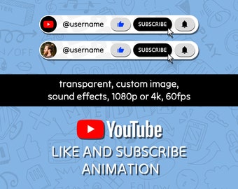 YouTube Like and Subscribe animation overlay lower third social media | Transparent, sound included, custom image, 1080p or 4k, 60fps.