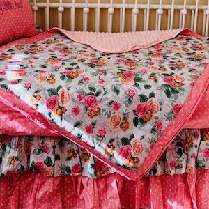 Floral Coral Handmade Girls Crib Bedding Set