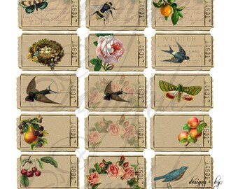 Birds-Flowers-Fruit-Vintage Style Tickets-*Instant Download*  Collage Sheet for art tags embellishments paper art book journals-UprintAndCut