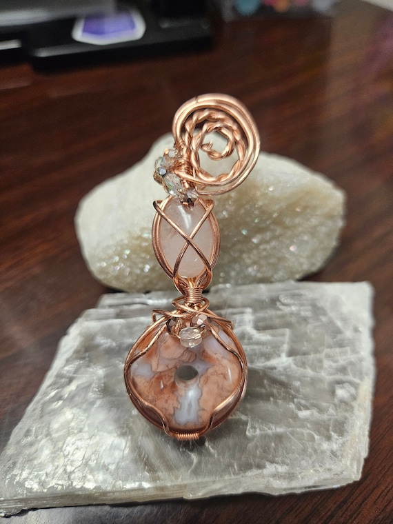 Double stone pendant! Rose Quartz over Cotton Candy Agate with accent beads wrapped in copper!