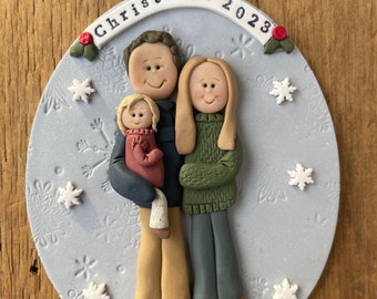 3 Member personalized family portrait Christmas ornament