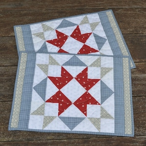 Set of 2, Handmade Quilted Placemats, Red, White and Blue, 4th of July Star