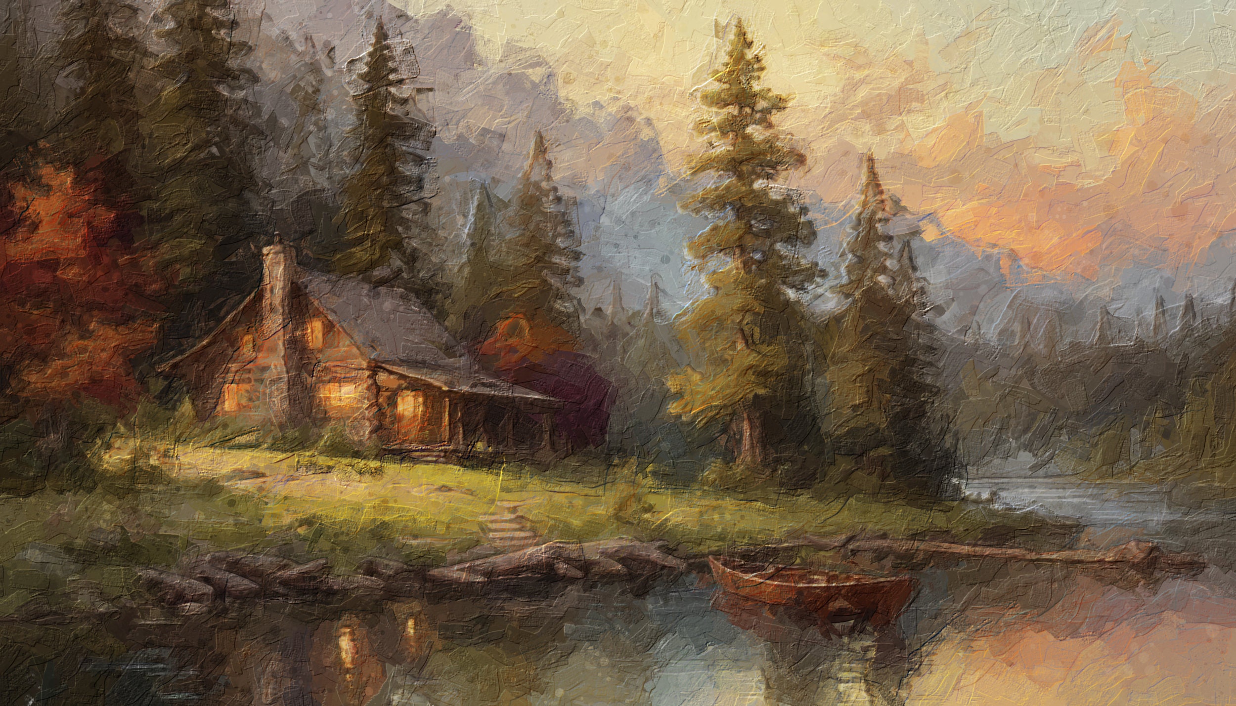 Lakeside Cabin Landscape Painting Vintage Paint Large Framed Canvas ...