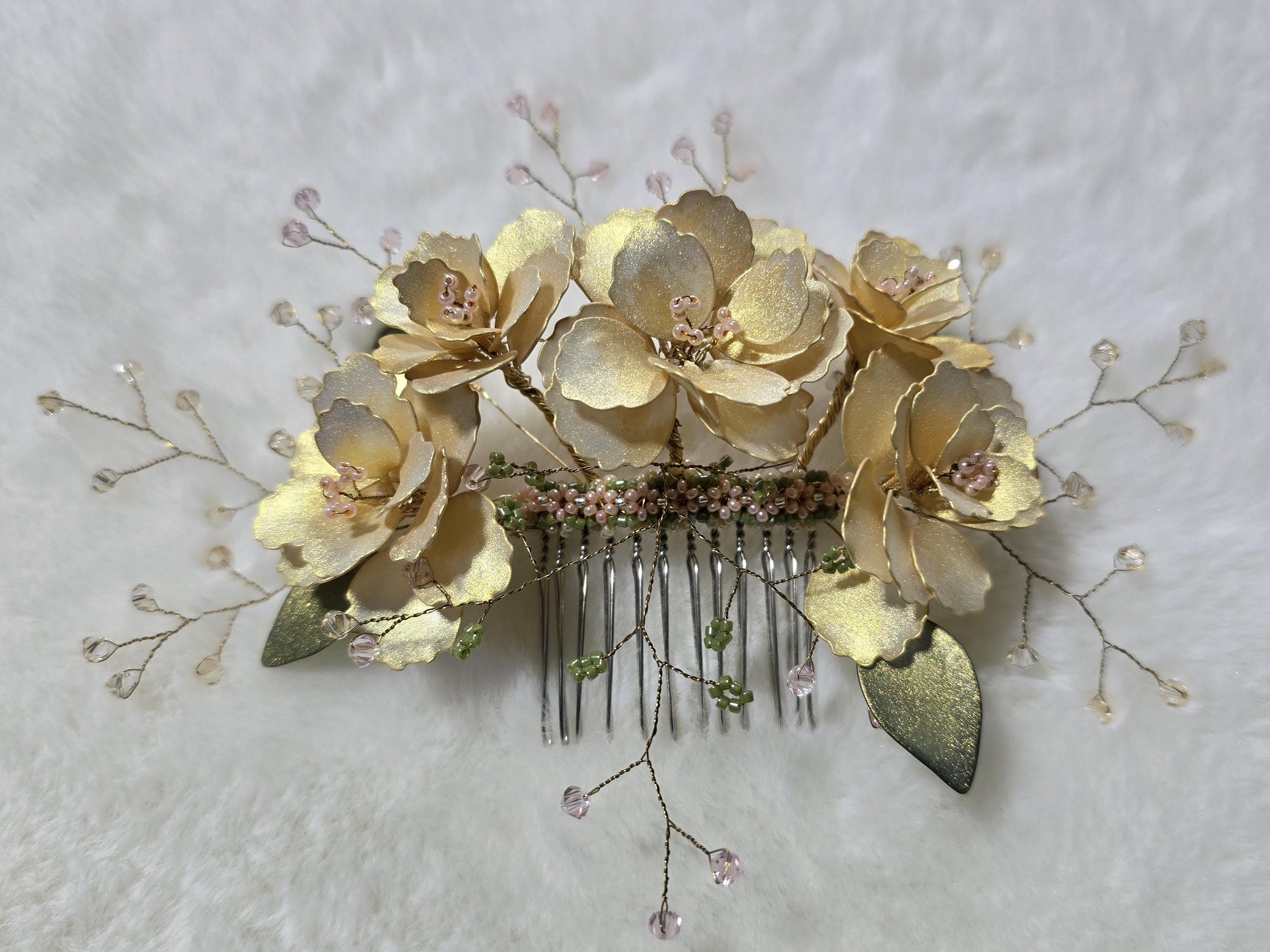 Floral Bridal Hair Accessory - Handmade Golden Flower Comb  display picture 2