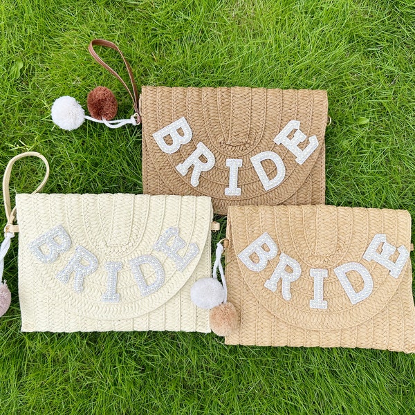 Future ladies straw clutch bag, bridal clutch bag, bridesmaid custom jute bag, honeymoon bride gift bag, bachelorette party bag, pearl bag