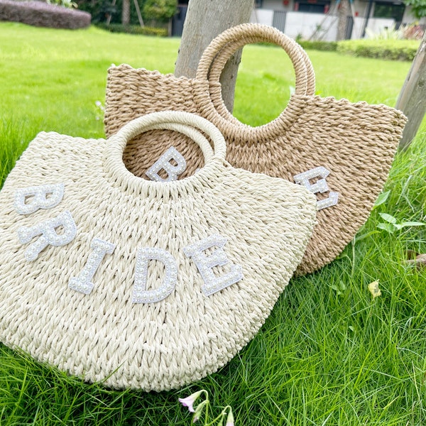 Bridal Pearl Beach Bag, Customized Straw Bag for Women, Bridesmaid Burlap Tote Bag, Bridal Shower Favor Bag, Name Jute Bag, Bridesmaid Propo