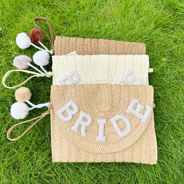 Bridal Folding Straw Bag, Straw Purse, Bridal Honeymoon Pearl Clutch, Wedding Beach Bag, Customized Bridesmaid Jute Bag, Honeymoon Gift Bag