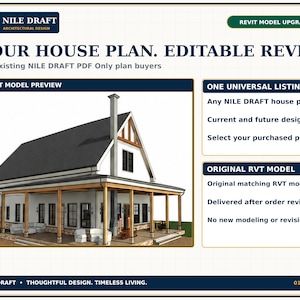May include: A digital graphic for a Revit model upgrade service by Nile Draft. It features a 3D rendering of a white house with a dark roof and a covered porch, alongside text detailing the offer for editable Revit files for existing plan buyers.