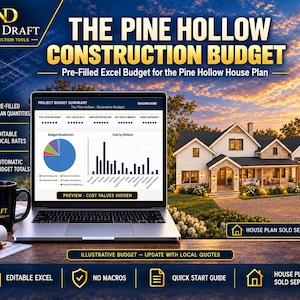 May include: A laptop displaying The Pine Hollow Construction Budget Excel file, featuring a project summary dashboard with a pie chart and bar graph. Beside the laptop sits a black mug with the Nile Draft logo and a pen on a desk.
