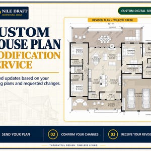 May include: A custom house plan modification service graphic featuring the text ND NILE DRAFT ARCHITECTURAL DESIGN, CUSTOM HOUSE PLAN MODIFICATION SERVICE, and REVISED PLAN WILLOW CREEK. It displays a detailed floor plan layout with dimensions.